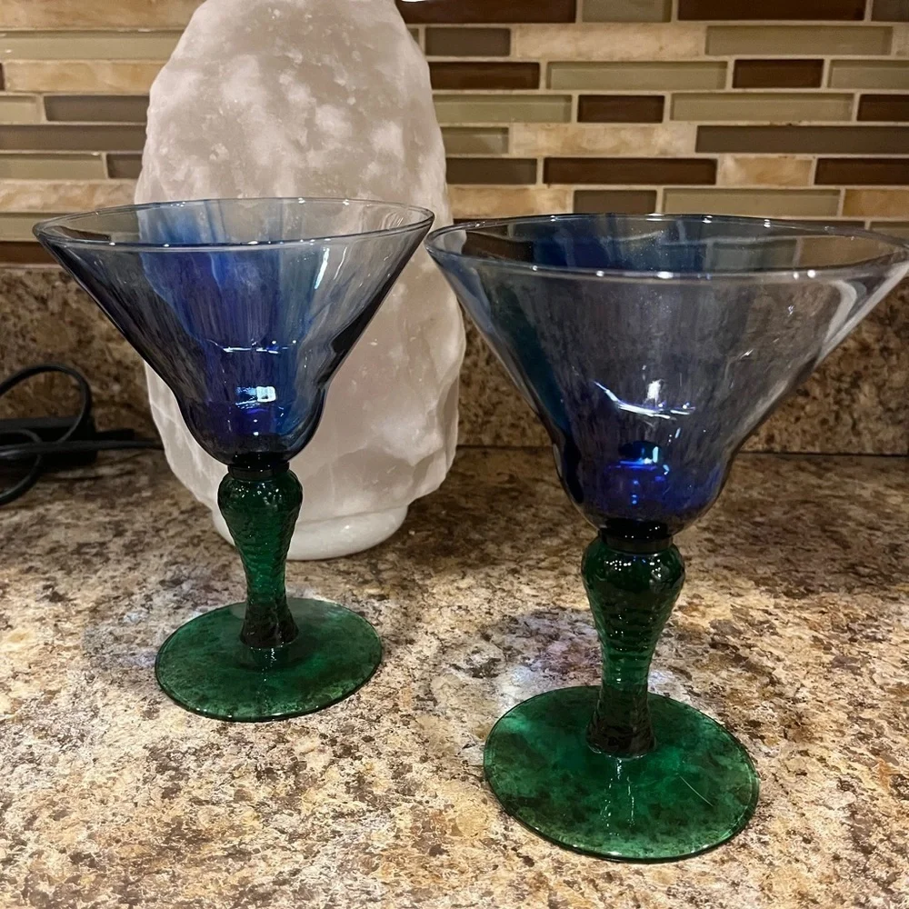 Vintage Libbey Marbleique Blue Swirl and Green Martini Glasses Set of 2